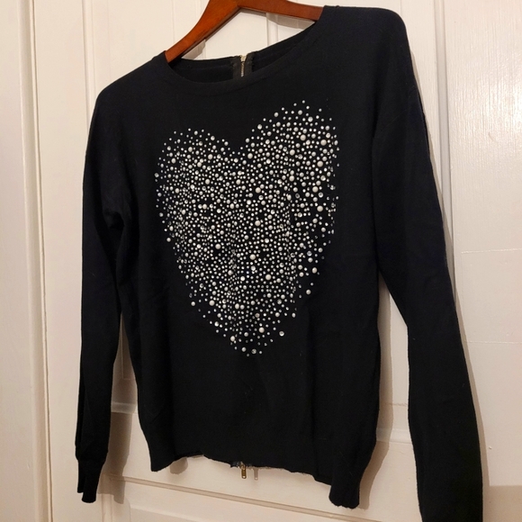Black Sweater with sparkly heart. Zipper up the back. Size M. - Picture 2 of 6